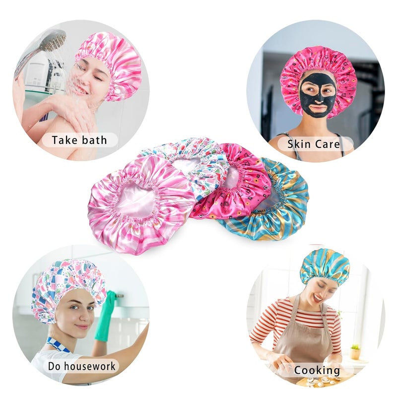 CHFONG 4 PCS Shower Cap for Women, Elastic and Reusable Bath Caps, Double Layers Shower Caps Reusable Waterproof, Bathing Shower Caps, Environmental Bath Hair Protection Cap - Stripes - Image 5